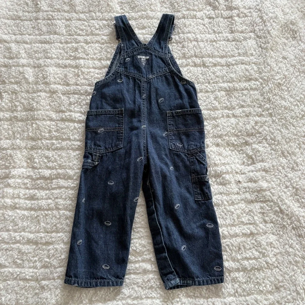 OshKosh Bgosh Kids Dark Wash Denim Football Embroidered Bib Overalls Sports 2T